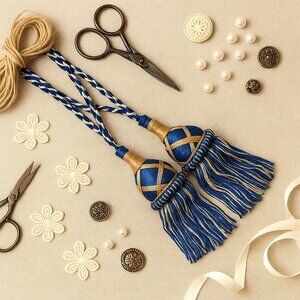 Elegant Blue Gold Curtain Tieback Craft Decor VTG Tassel Cord Set of 2 Regal DIY